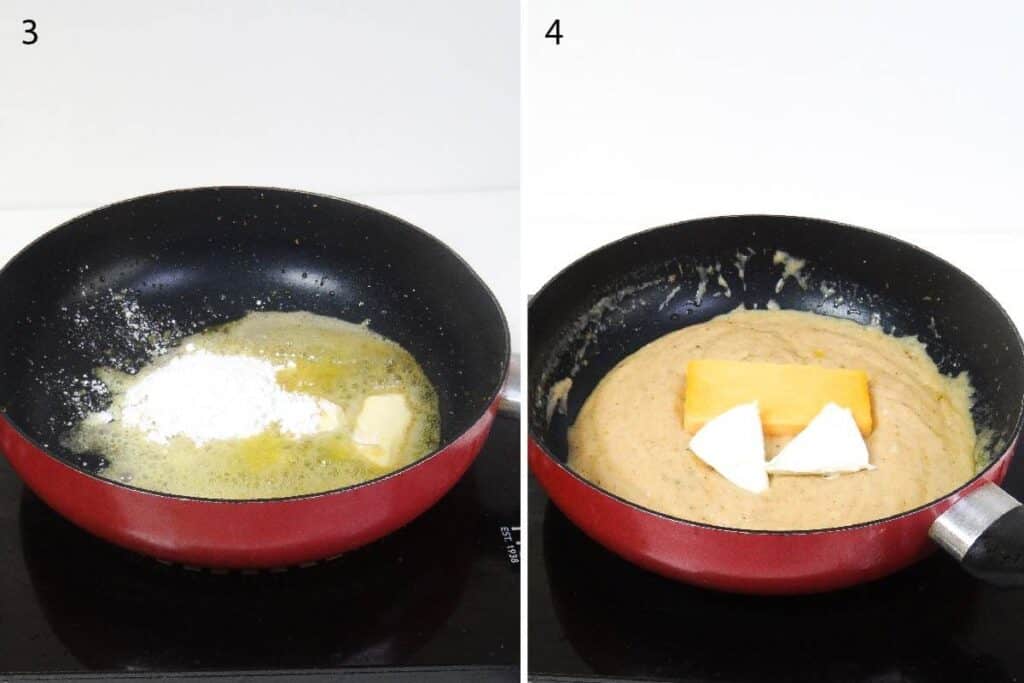 mixing cream cheese and cheddar cheese in sauce