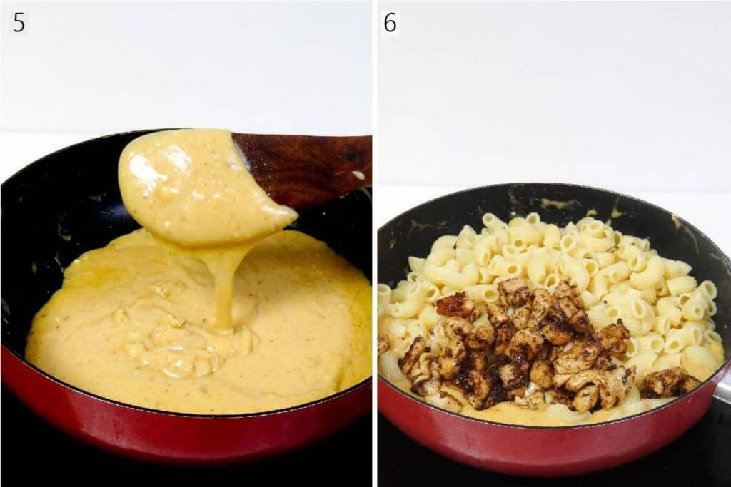 Showing cheese sauce and mixing the sauce with macaroni and cajun chicken