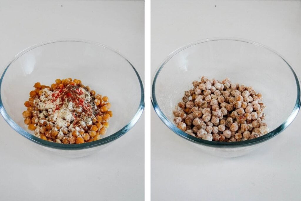 Side-by-side image: Unmixed chickpeas and ingredients in a bowl (left) and the fully coated, mixed chickpeas (right).