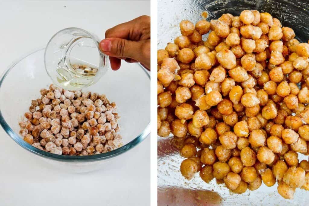 Side-by-side image: Pouring oil onto chickpeas (left) and the resulting mixture of oil-coated chickpeas (right).