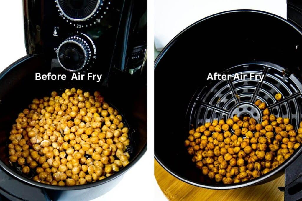 Side-by-side comparison: Chickpeas before air frying (left) and the finished, perfectly roasted, crispy, and crunchy chickpeas (right).
