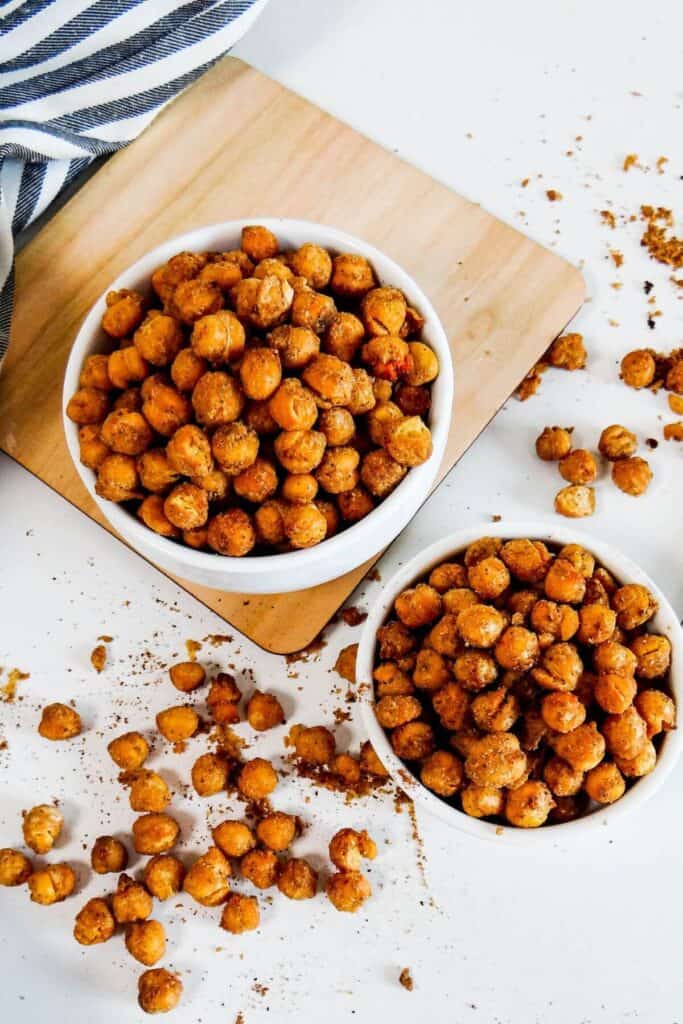 xtremely crispy air-fried roasted chickpeas in two white bowls.